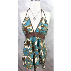 Vintage Y2k Babydoll Halter Top Blouse M Women Romantic Coquette Hawaii Floral